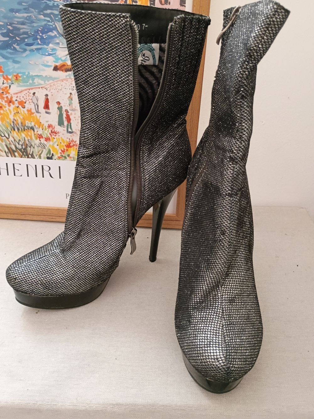 Italina Metallic Glitter Silver High-Heel Platform Ankle Boots - Women